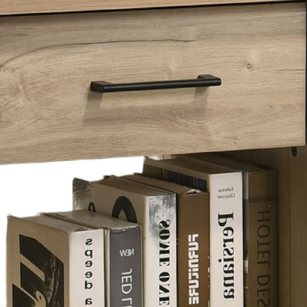 Benjara Kele Nightstand, 1 Drawer with Black Handle, 1 Shelf, Light Oak Brown