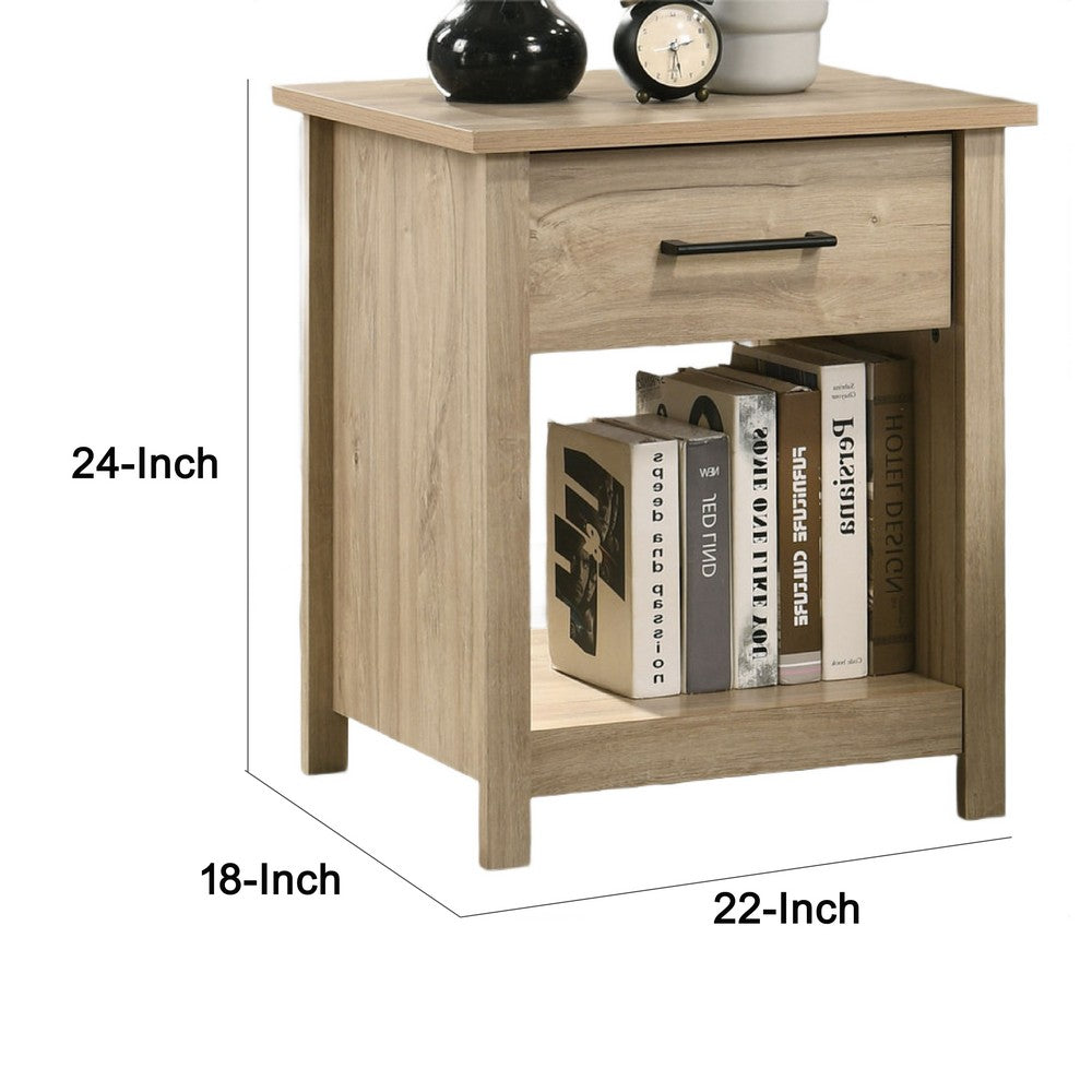 Benjara Kele Nightstand, 1 Drawer with Black Handle, 1 Shelf, Light Oak Brown