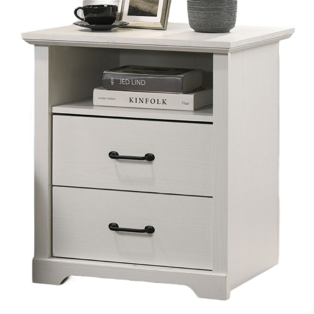 Benjara Lara Nightstand, 2 Drawers with 1 Top Open Shelf And USB Ports, White