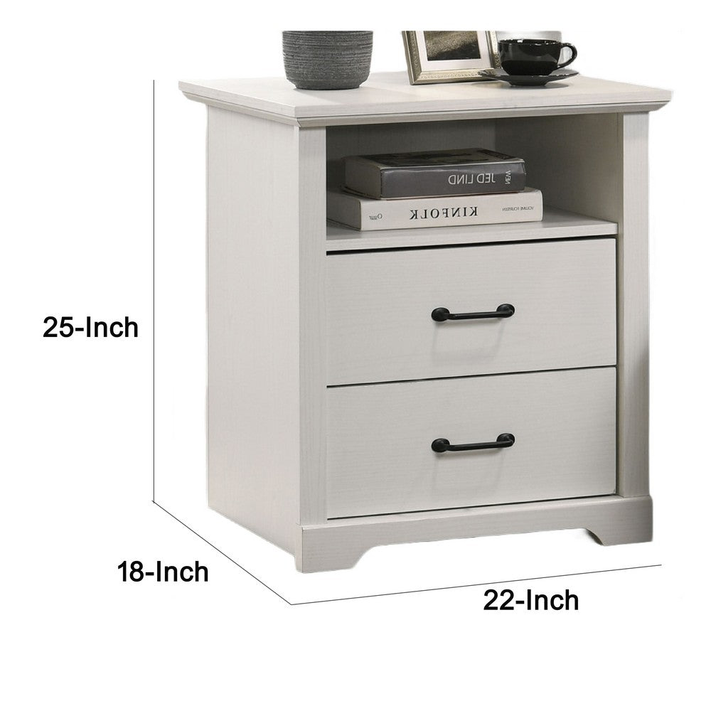 Benjara Lara Nightstand, 2 Drawers with 1 Top Open Shelf And USB Ports, White