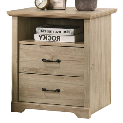 Benjara Lara Nightstand, 2 Drawers, Top Open Shelf, USB Ports, Light Oak Brown