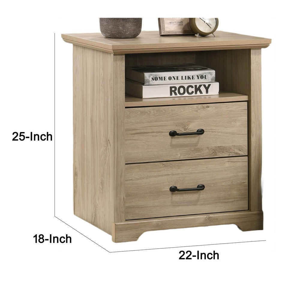 Benjara Lara Nightstand, 2 Drawers, Top Open Shelf, USB Ports, Light Oak Brown