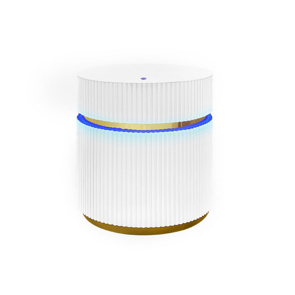 Benjara Tavi Side End Table, 20 Inch Round Glass Top, Gold Brim with LED, White