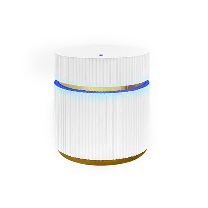 Benjara Tavi Side End Table, 20 Inch Round Glass Top, Gold Brim with LED, White