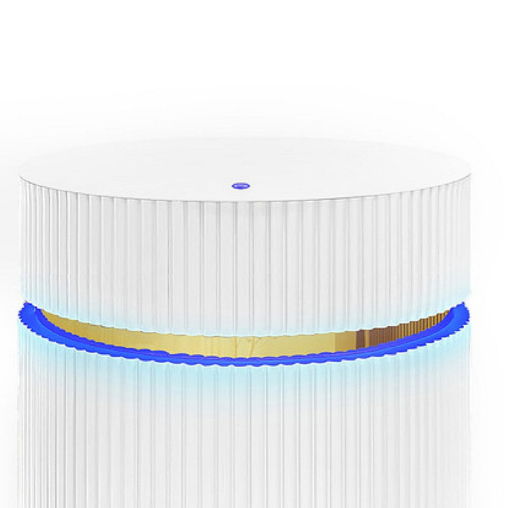 Benjara Tavi Side End Table, 20 Inch Round Glass Top, Gold Brim with LED, White