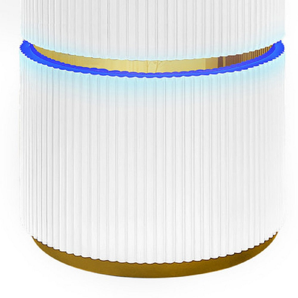Benjara Tavi Side End Table, 20 Inch Round Glass Top, Gold Brim with LED, White