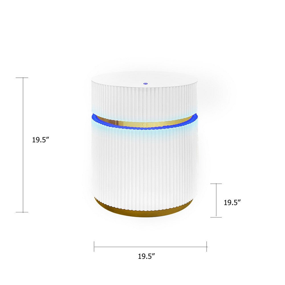 Benjara Tavi Side End Table, 20 Inch Round Glass Top, Gold Brim with LED, White