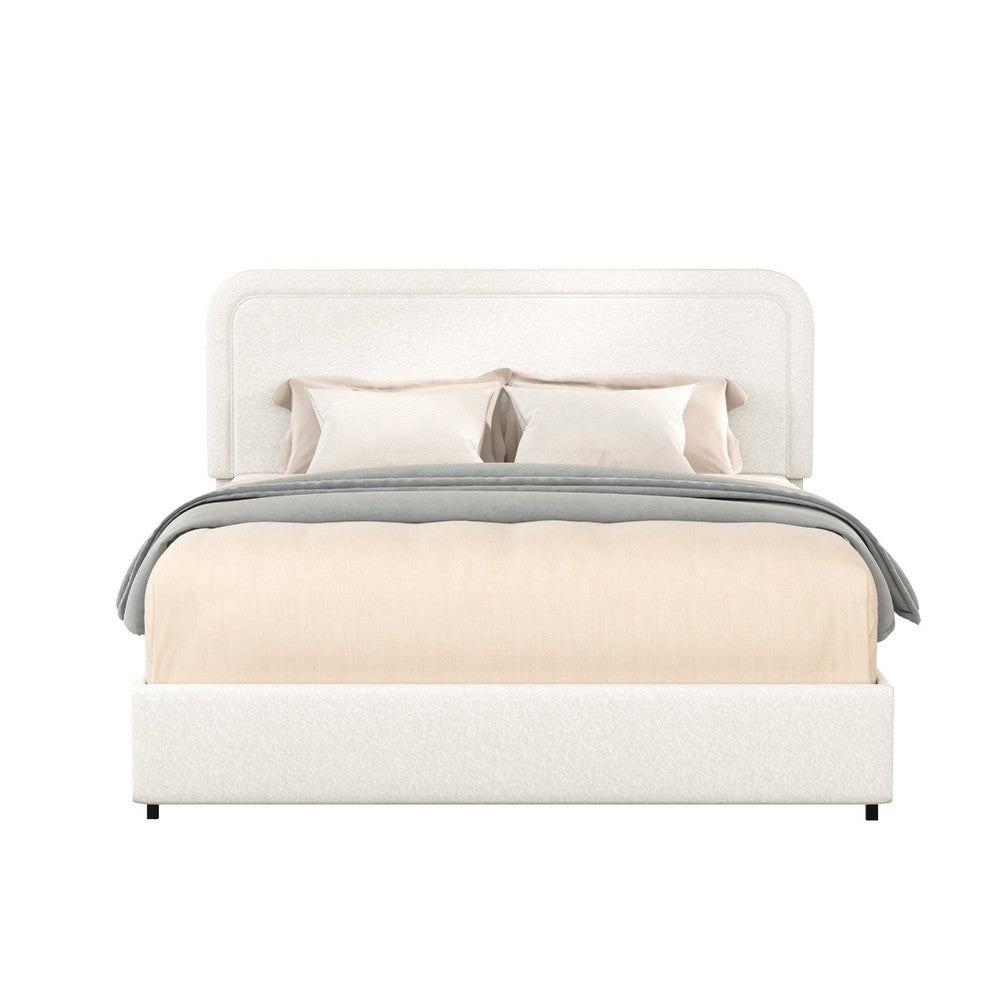 Benjara Lez Queen Size Platform Bed with 2 Storage Drawers, Ivory Boucle Upholstery