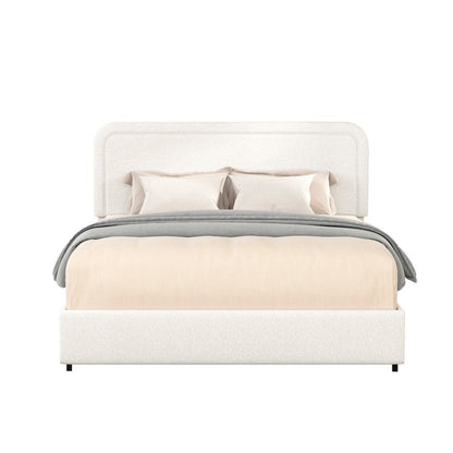 Benjara Lez Queen Size Platform Bed with 2 Storage Drawers, Ivory Boucle Upholstery