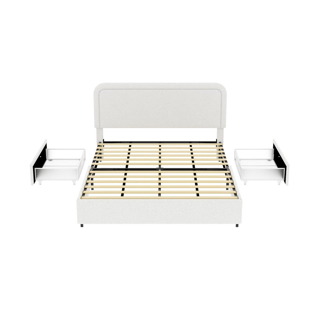 Benjara Lez Queen Size Platform Bed with 2 Storage Drawers, Ivory Boucle Upholstery