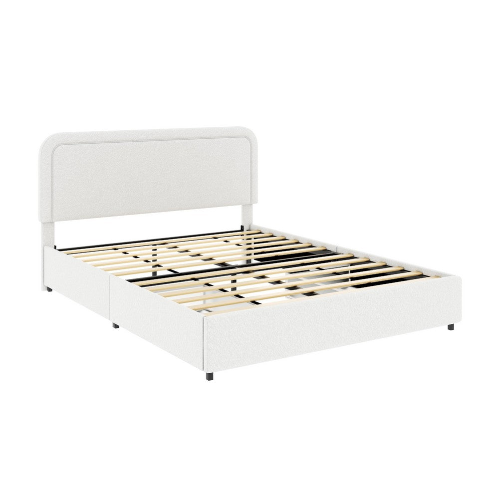 Benjara Lez Queen Size Platform Bed with 2 Storage Drawers, Ivory Boucle Upholstery