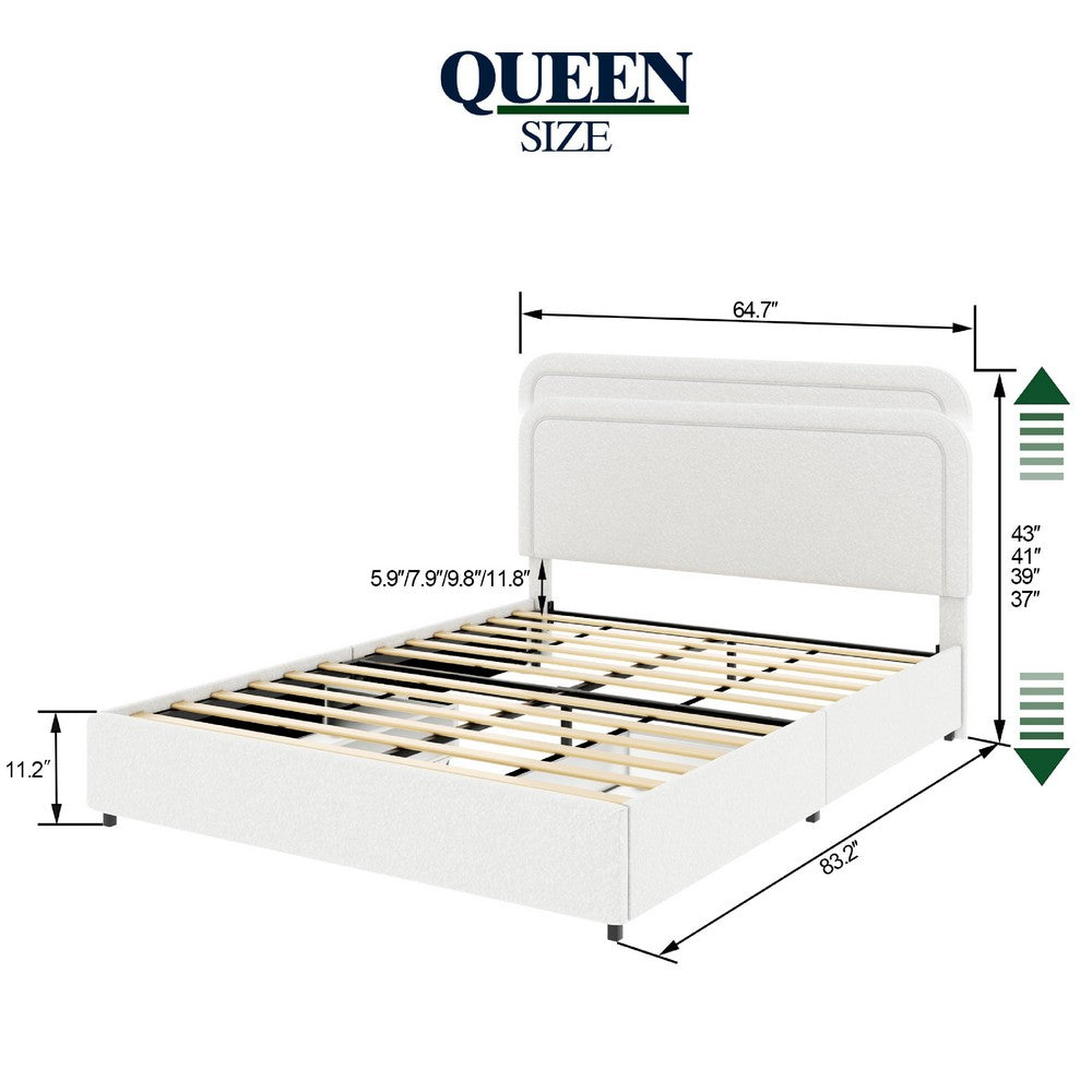 Benjara Lez Queen Size Platform Bed with 2 Storage Drawers, Ivory Boucle Upholstery