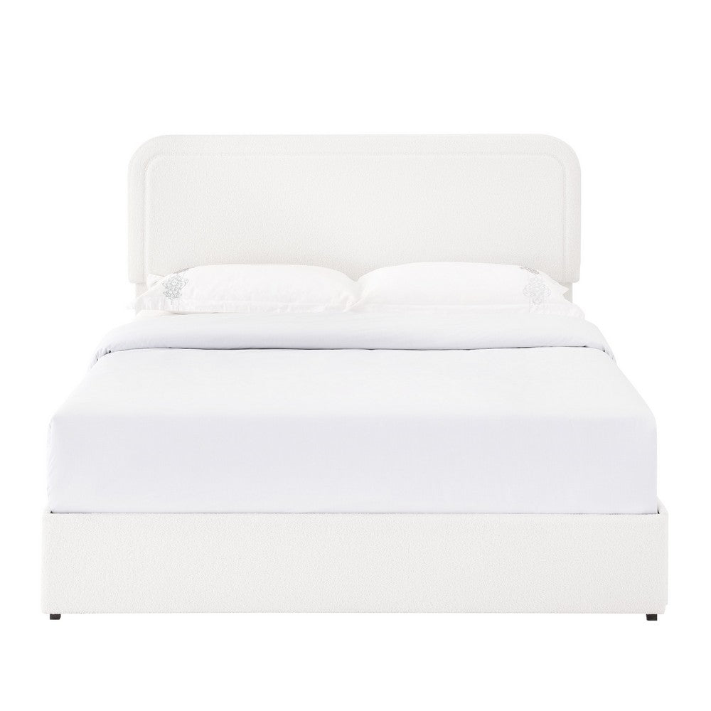 Benjara Lez Queen Size Platform Bed with 4 Storage Drawers, Ivory Boucle Upholstery