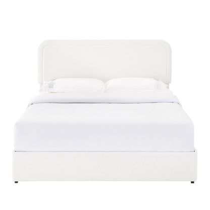 Benjara Lez Queen Size Platform Bed with 4 Storage Drawers, Ivory Boucle Upholstery