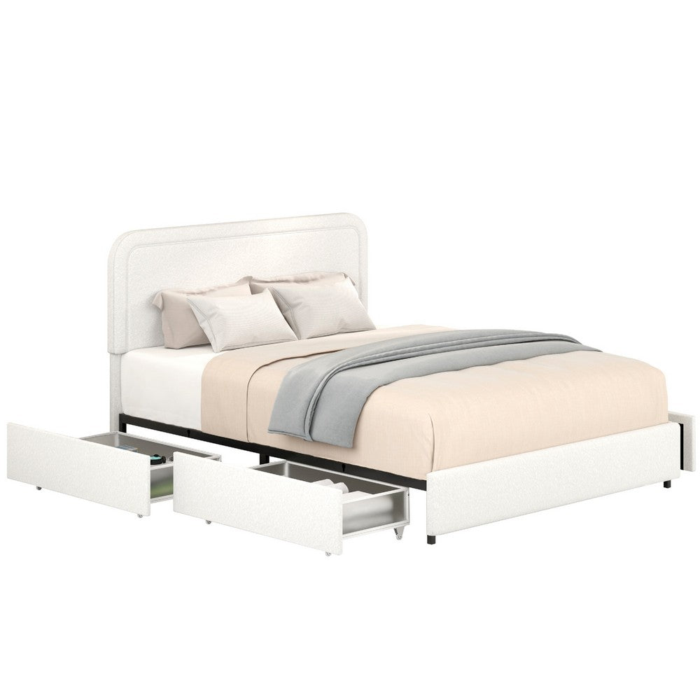 Benjara Lez Queen Size Platform Bed with 4 Storage Drawers, Ivory Boucle Upholstery