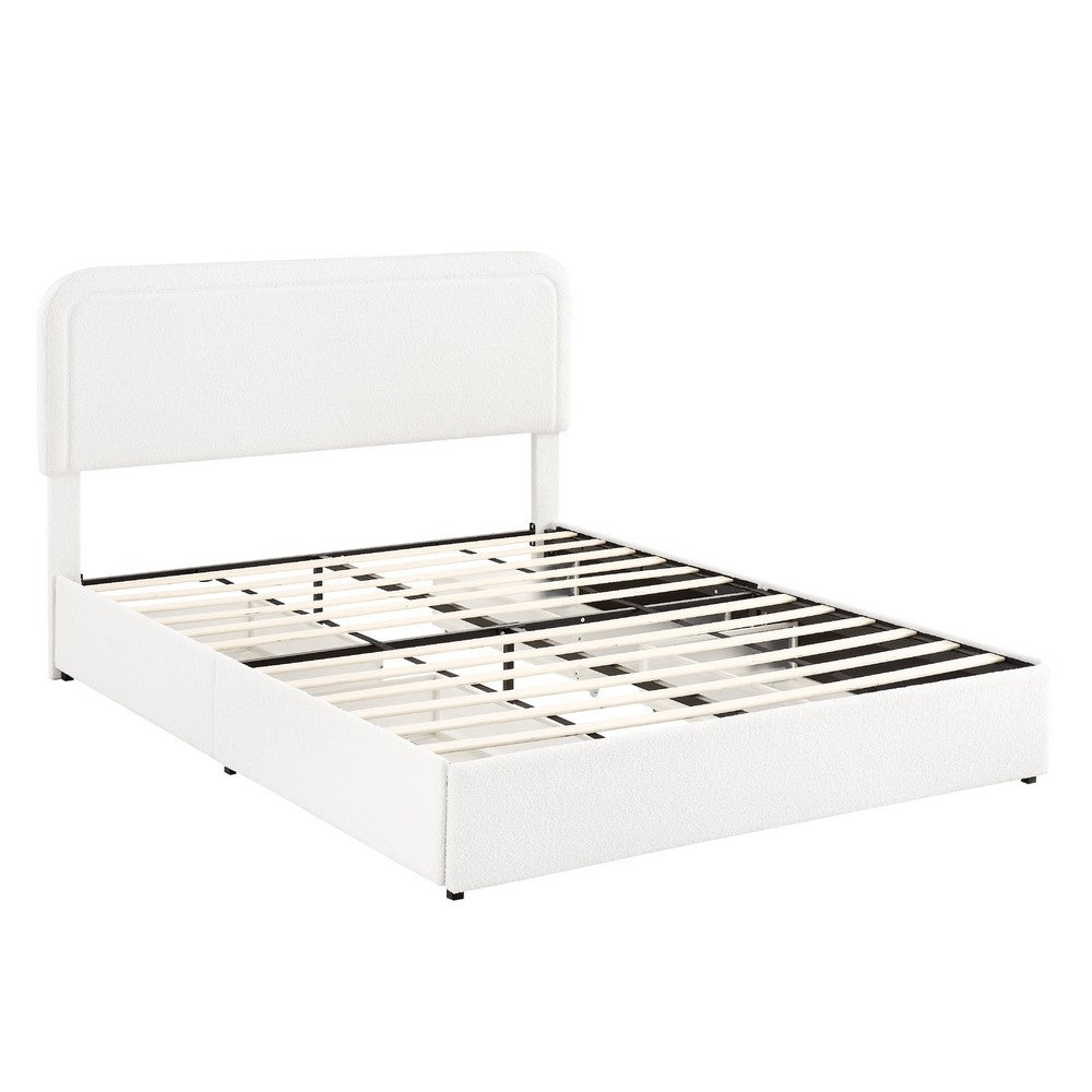 Benjara Lez Queen Size Platform Bed with 4 Storage Drawers, Ivory Boucle Upholstery