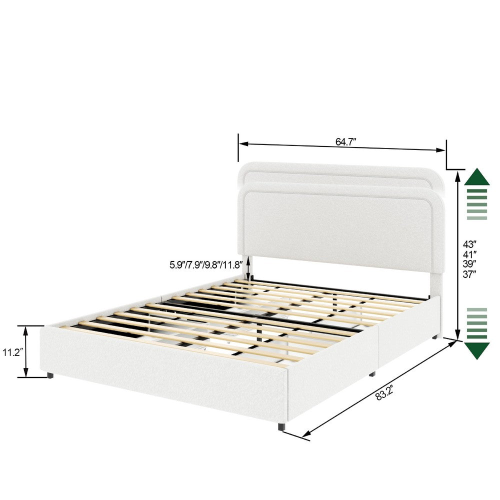 Benjara Lez Queen Size Platform Bed with 4 Storage Drawers, Ivory Boucle Upholstery