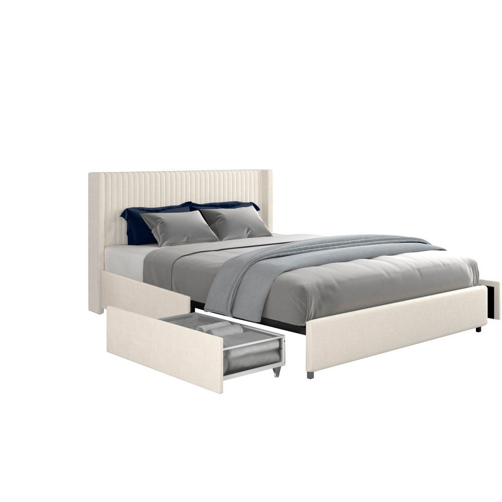Benjara Nia Queen Bed, 2 Storage Drawers, Wingback Tufted Ivory Velvet Headboard