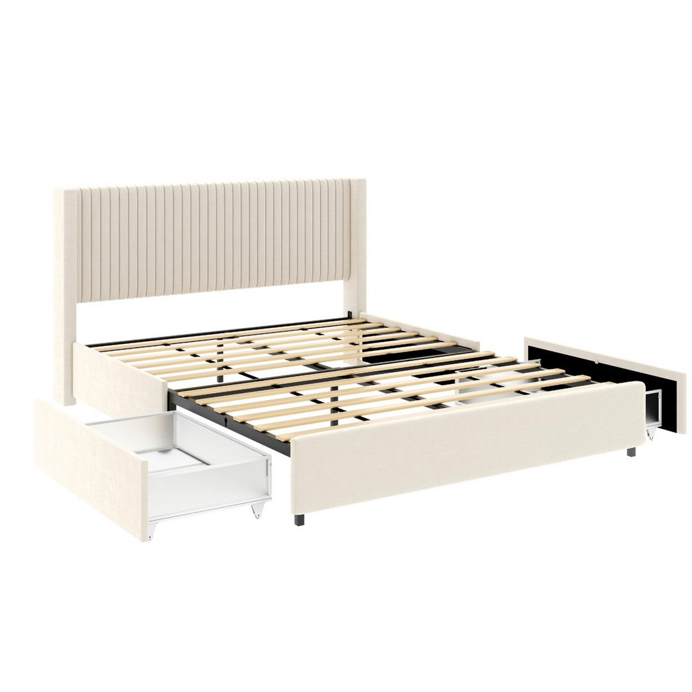 Benjara Nia Queen Bed, 2 Storage Drawers, Wingback Tufted Ivory Velvet Headboard