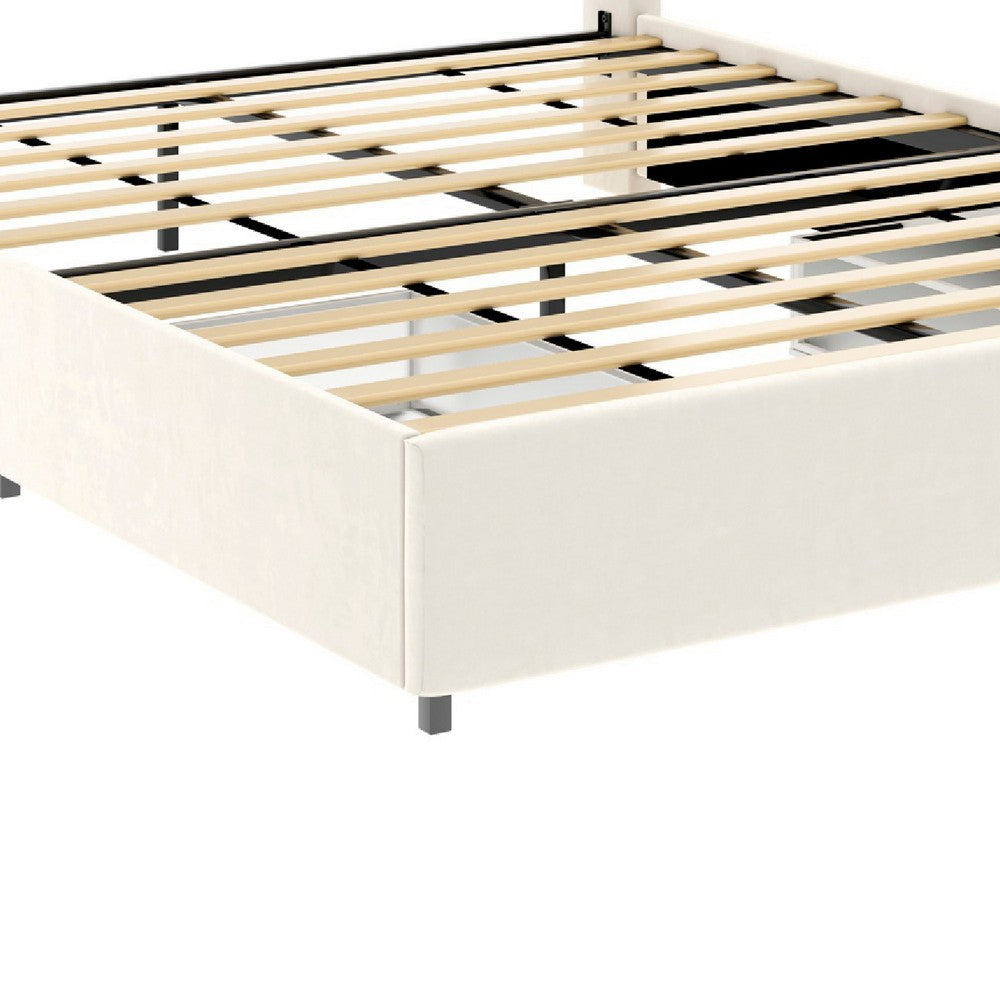 Benjara Nia Queen Bed, 2 Storage Drawers, Wingback Tufted Ivory Velvet Headboard