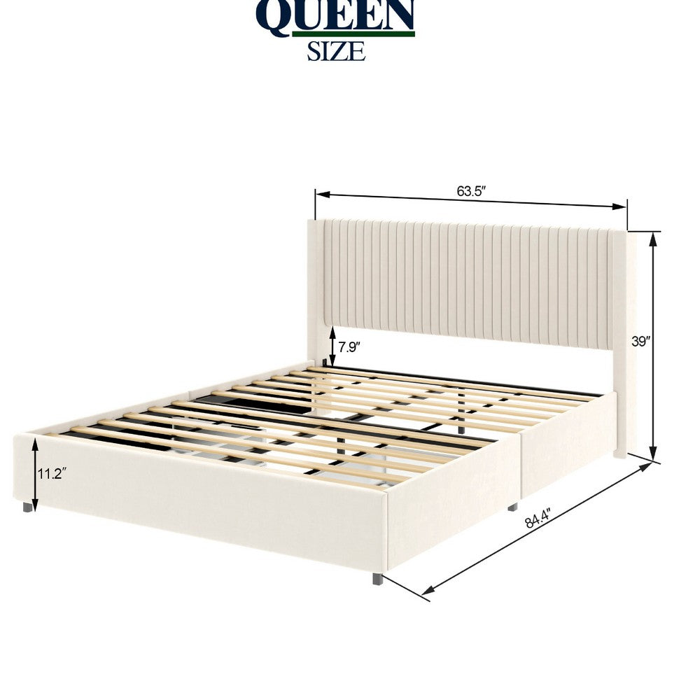 Benjara Nia Queen Bed, 2 Storage Drawers, Wingback Tufted Ivory Velvet Headboard