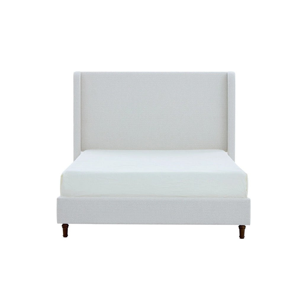 Benjara Heny Queen Size Bed with Wingback Tall Headboard, Ivory Fabric Upholstery