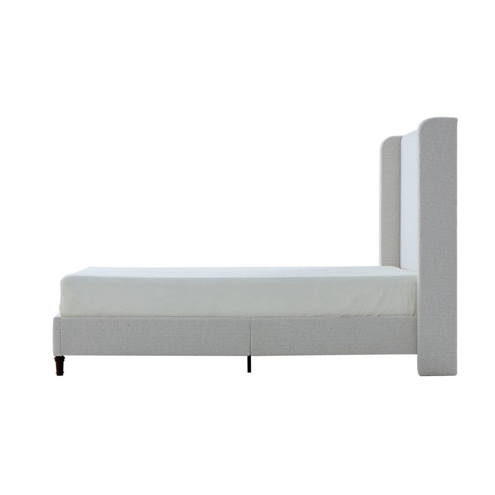Benjara Heny Queen Size Bed with Wingback Tall Headboard, Ivory Fabric Upholstery