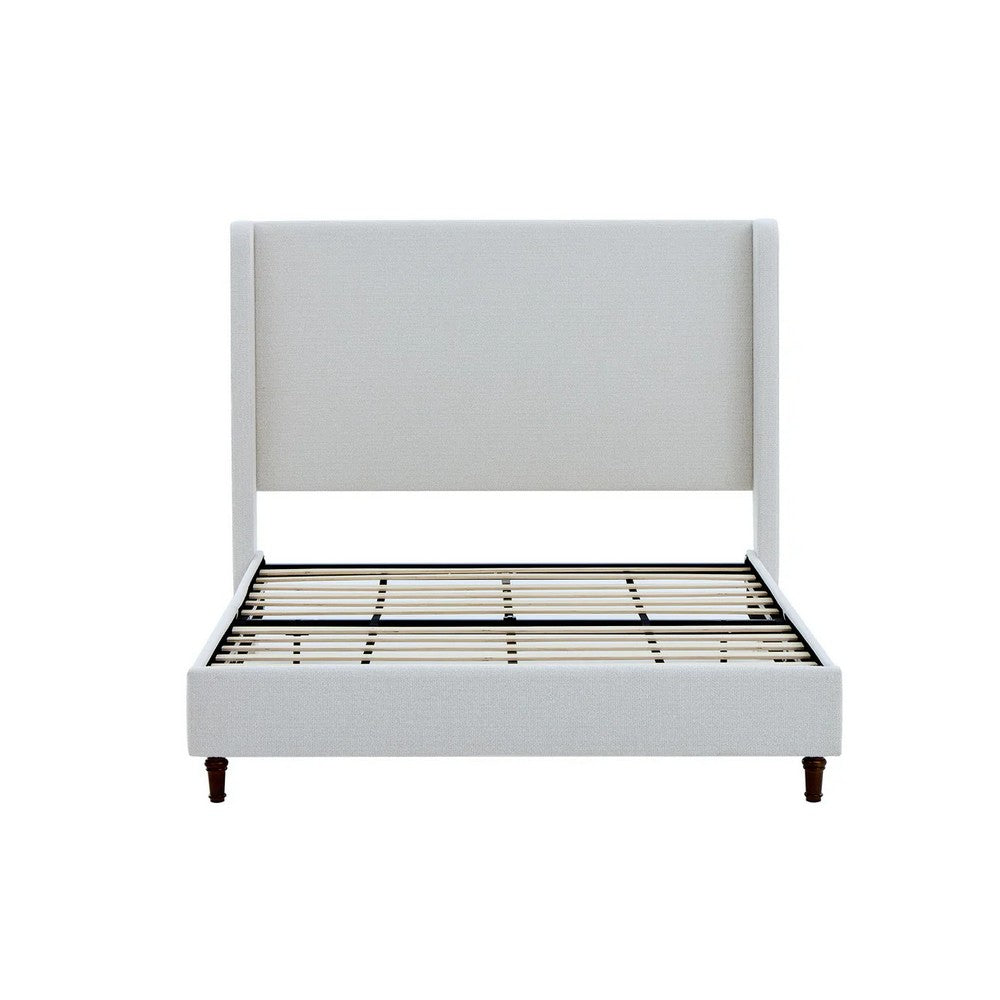 Benjara Heny Queen Size Bed with Wingback Tall Headboard, Ivory Fabric Upholstery