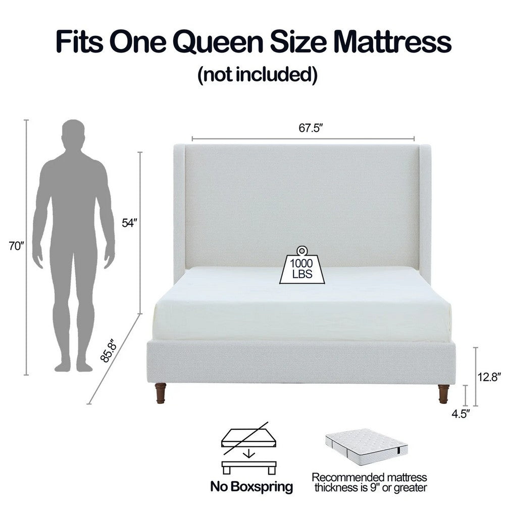 Benjara Heny Queen Size Bed with Wingback Tall Headboard, Ivory Fabric Upholstery