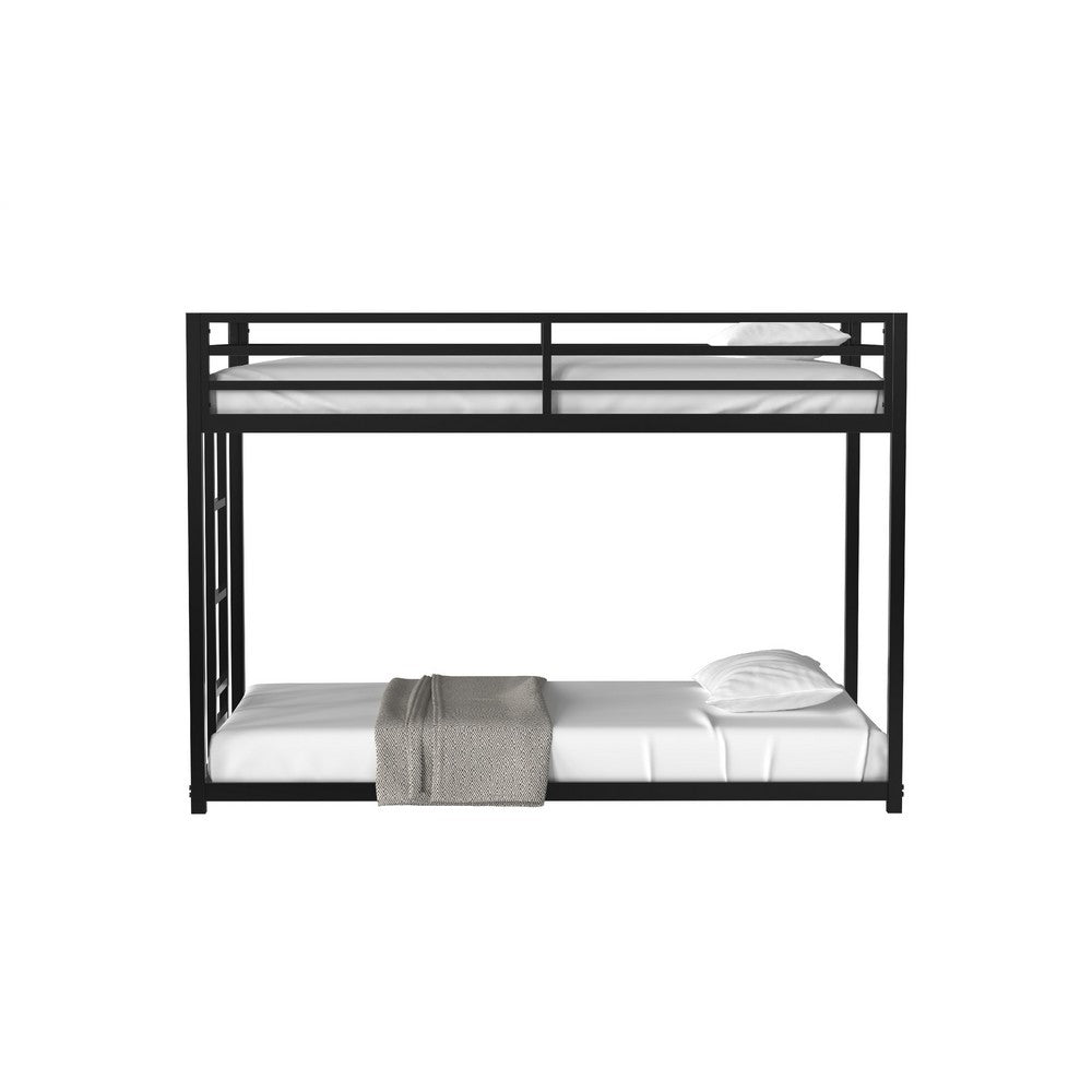 Benjara Ady Low Profile Twin Over Twin Bunk Bed with Ladder, Black Metal Frame