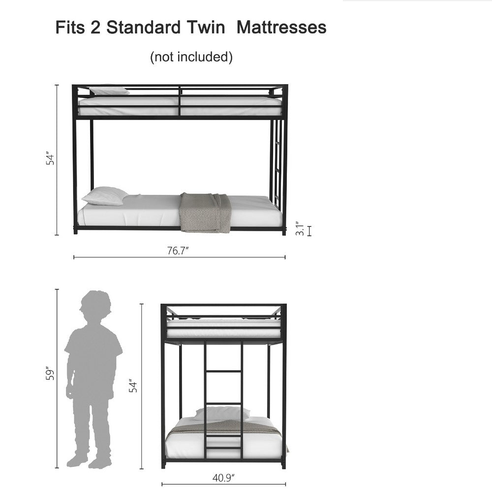 Benjara Ady Low Profile Twin Over Twin Bunk Bed with Ladder, Black Metal Frame