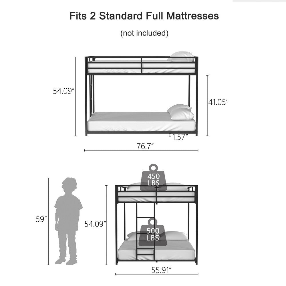 Benjara Ady Low Profile Full Over Full Bunk Bed with Ladder, Black Metal Frame