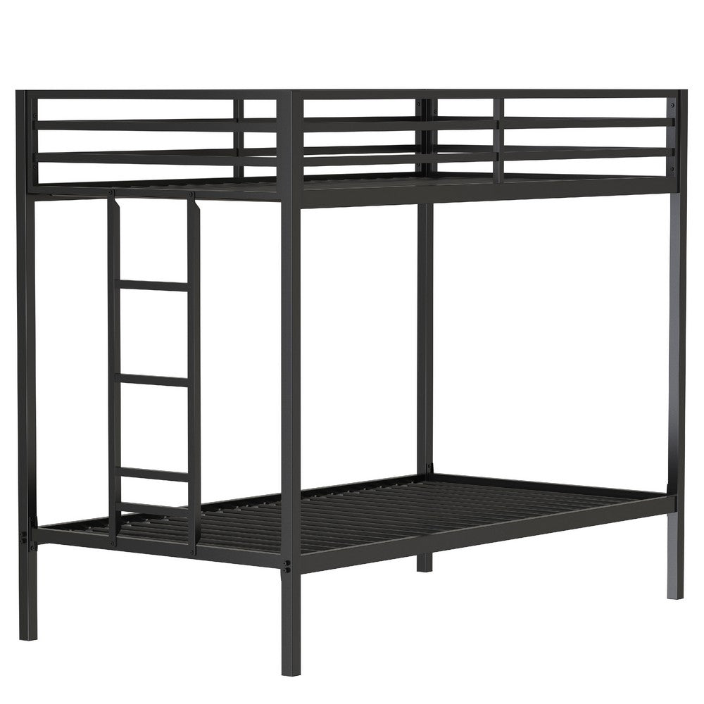 Benjara Ady Twin Over Twin Bunk Bed with Ladder And Guardrails, Black Metal Frame