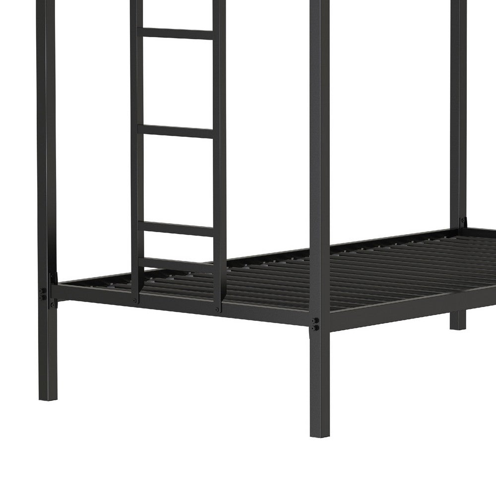 Benjara Ady Twin Over Twin Bunk Bed with Ladder And Guardrails, Black Metal Frame