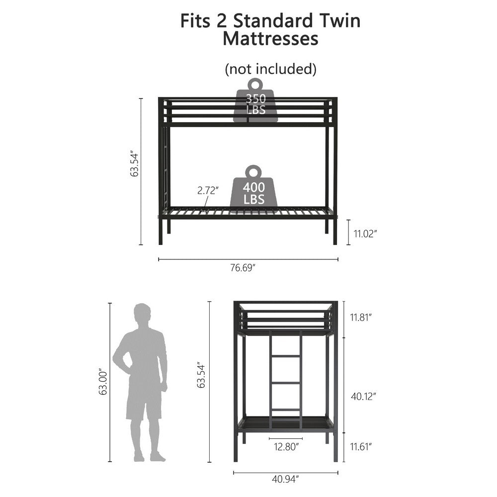 Benjara Ady Twin Over Twin Bunk Bed with Ladder And Guardrails, Black Metal Frame