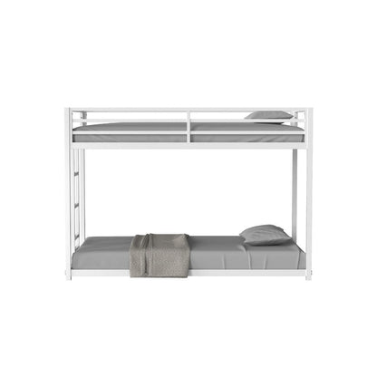Benjara Ady Low Profile Twin Over Twin Bunk Bed with Ladder, White Metal Frame