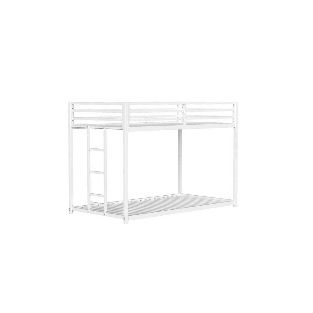 Benjara Ady Low Profile Twin Over Twin Bunk Bed with Ladder, White Metal Frame
