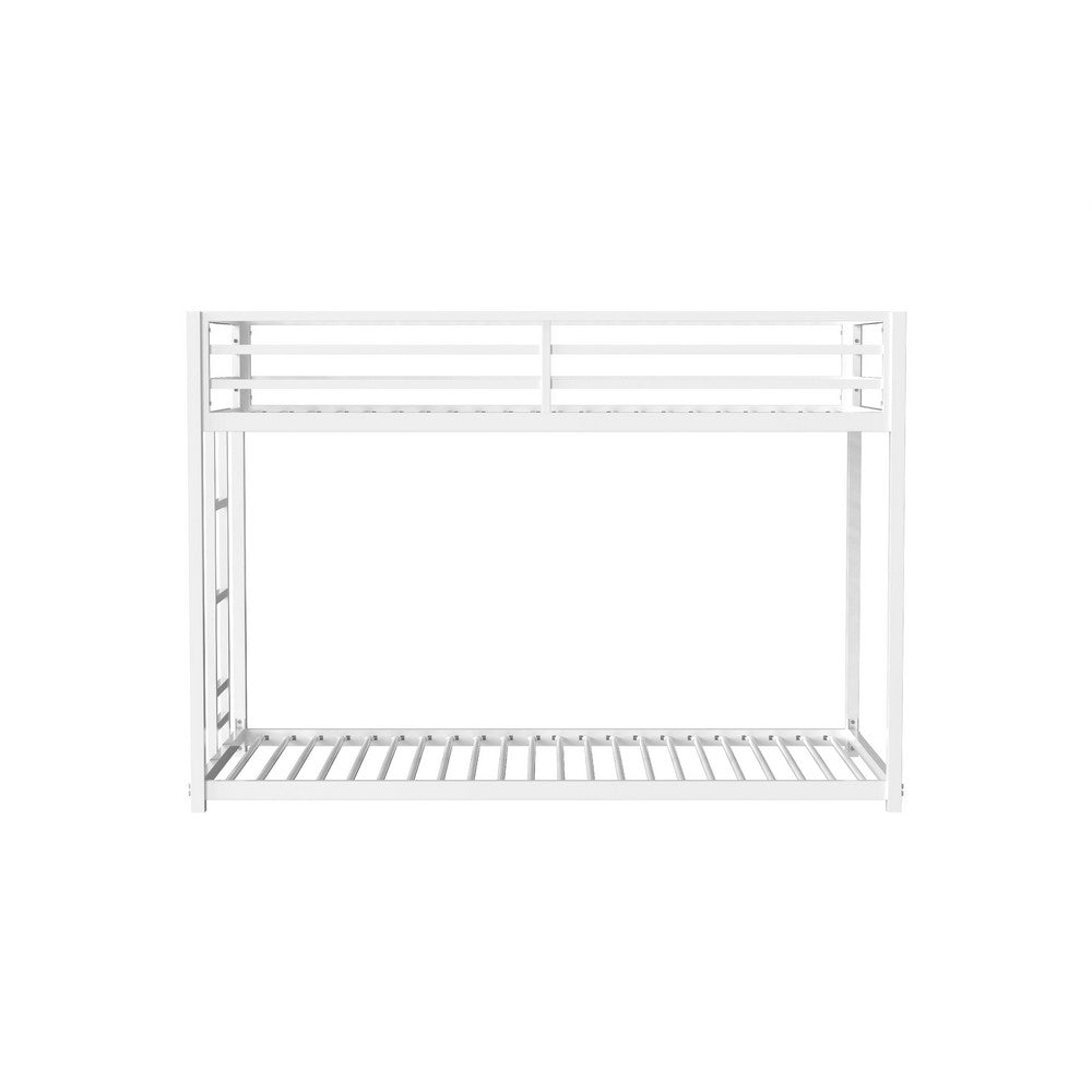 Benjara Ady Low Profile Twin Over Twin Bunk Bed with Ladder, White Metal Frame