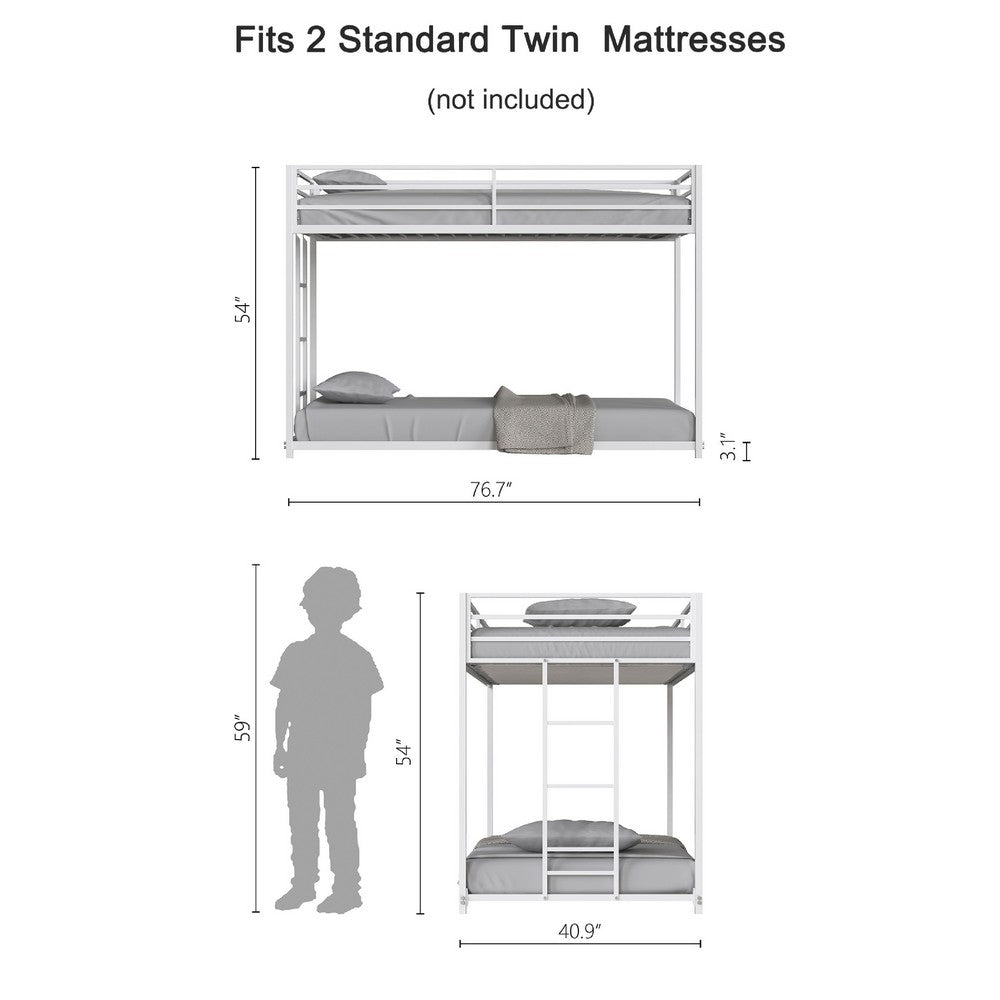Benjara Ady Low Profile Twin Over Twin Bunk Bed with Ladder, White Metal Frame