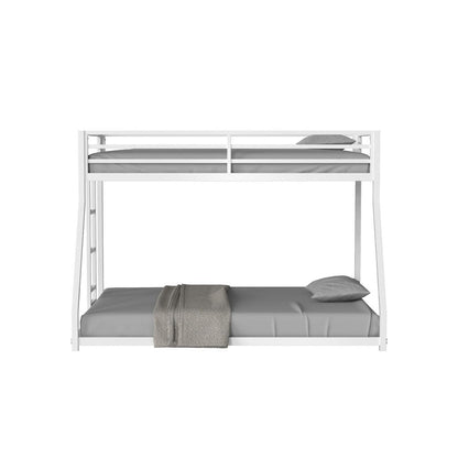 Benjara Ady Low Profile Twin Over Full Bunk Bed with Ladder, White Metal Frame