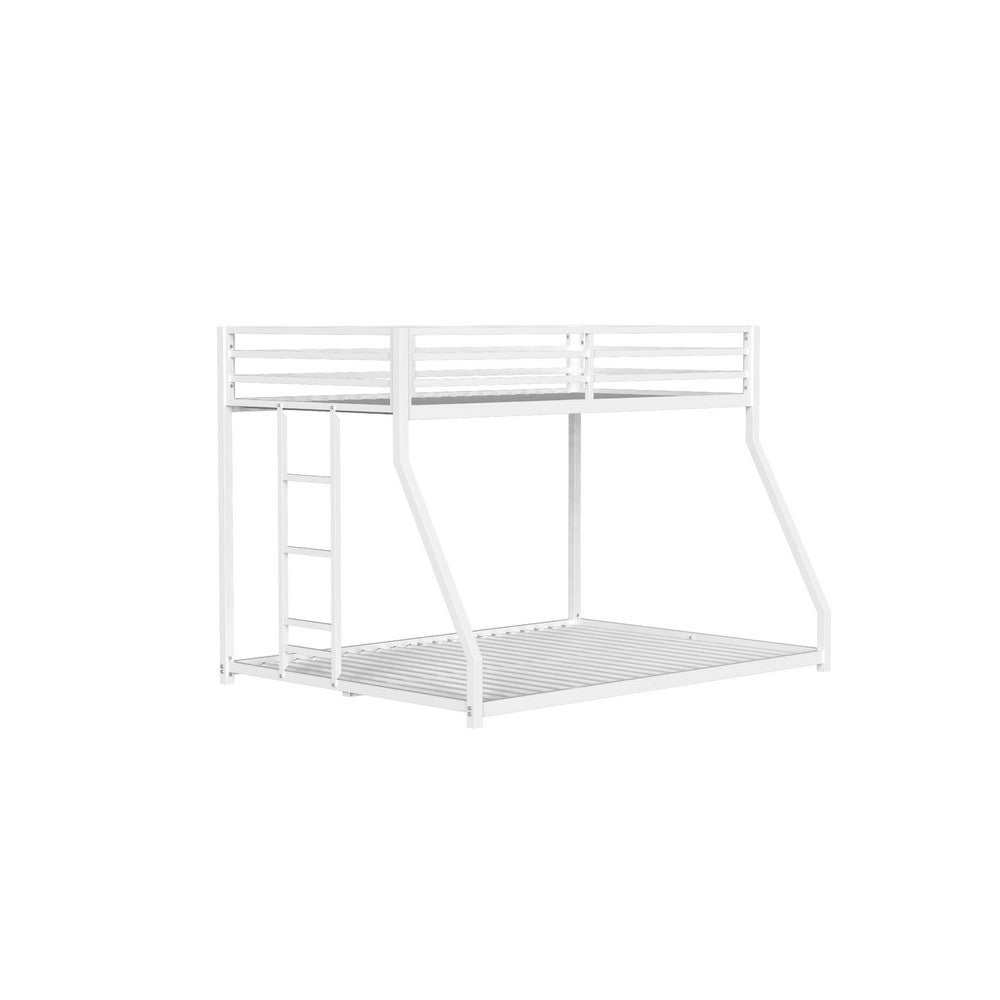 Benjara Ady Low Profile Twin Over Full Bunk Bed with Ladder, White Metal Frame