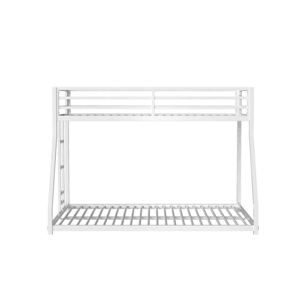 Benjara Ady Low Profile Twin Over Full Bunk Bed with Ladder, White Metal Frame