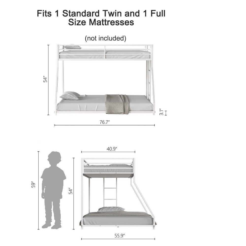 Benjara Ady Low Profile Twin Over Full Bunk Bed with Ladder, White Metal Frame