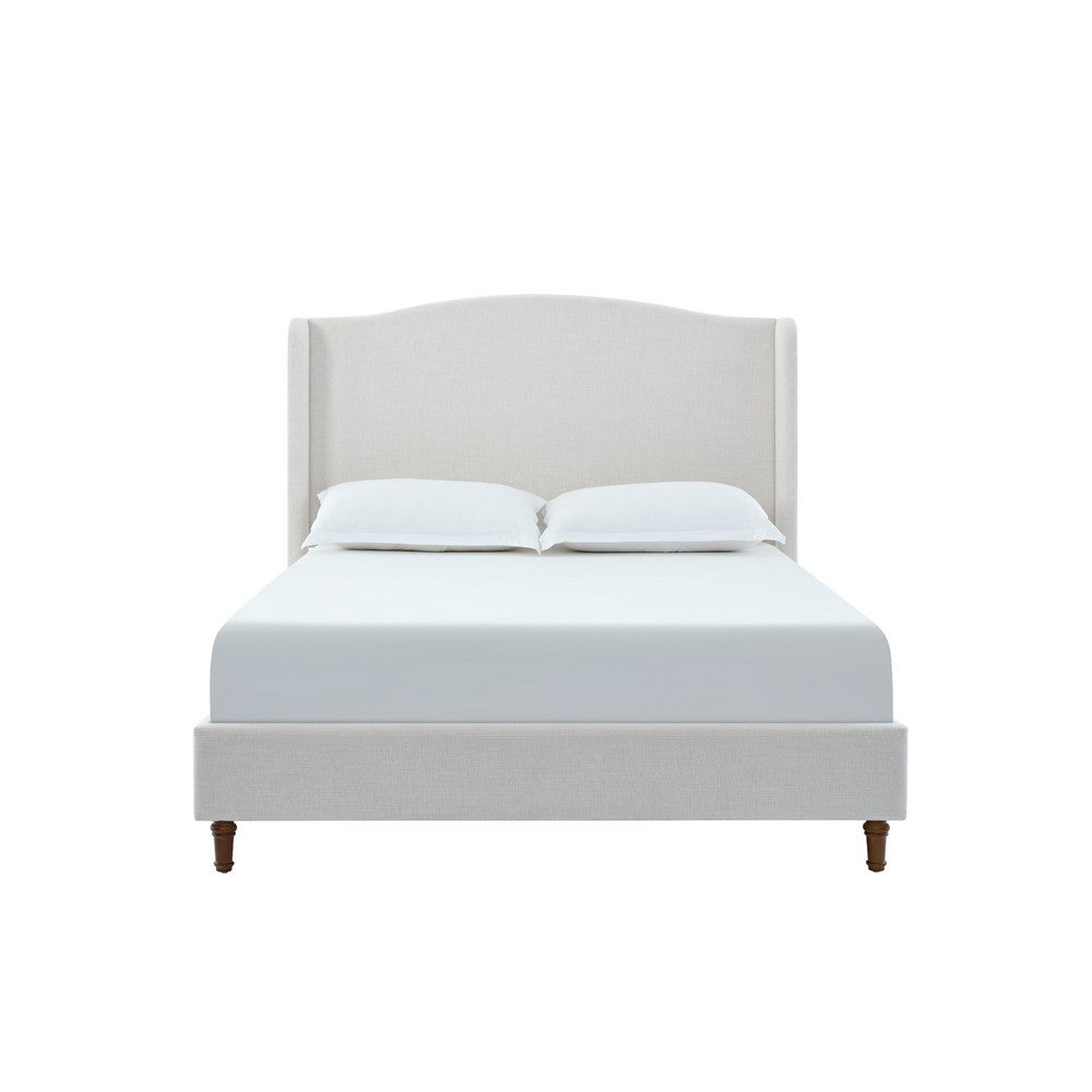 Benjara Heny King Size Bed with Wingback Tall Headboard, Ivory Fabric Upholstery
