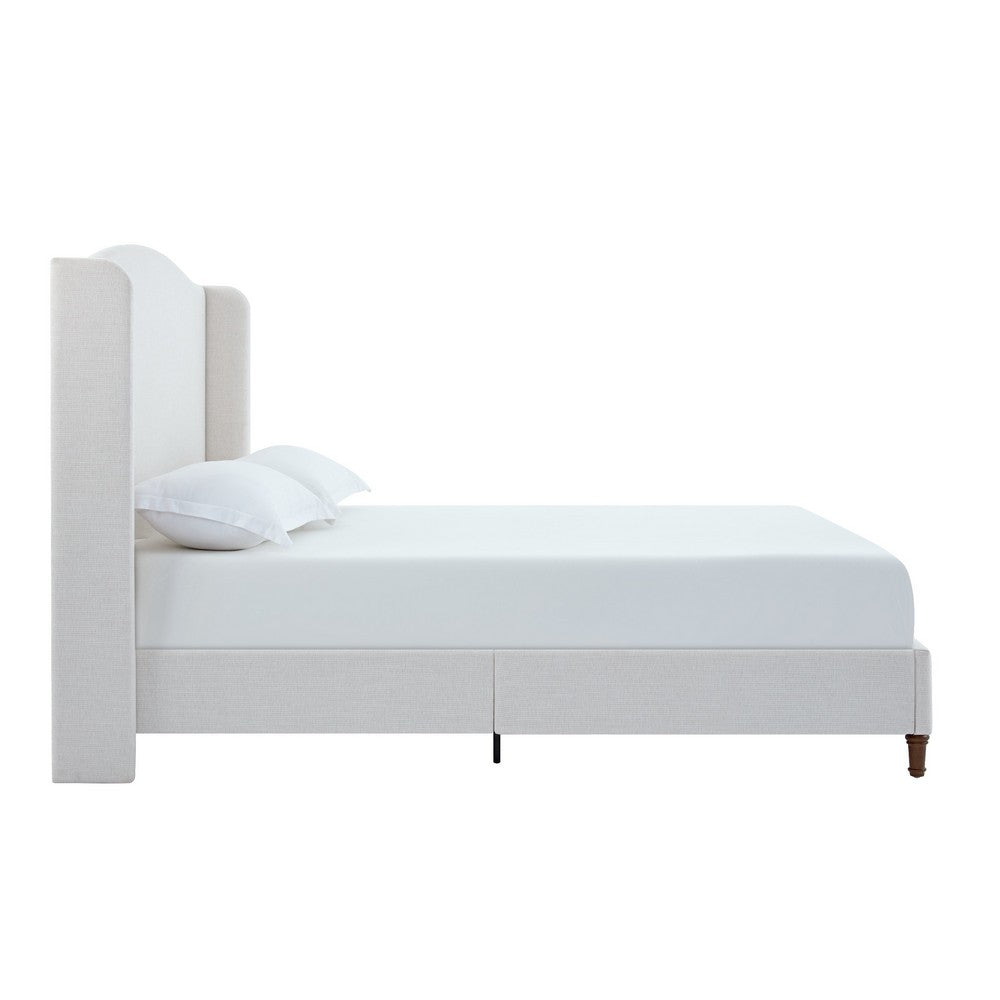 Benjara Heny King Size Bed with Wingback Tall Headboard, Ivory Fabric Upholstery
