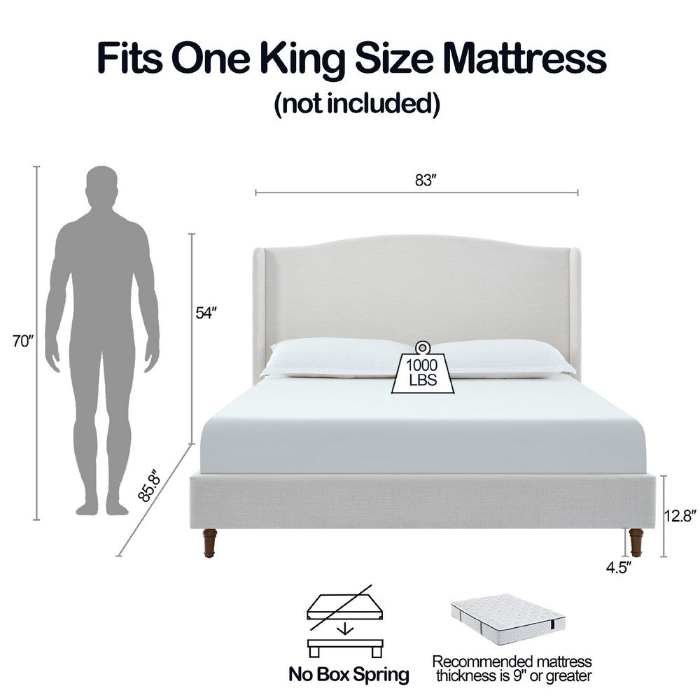 Benjara Heny King Size Bed with Wingback Tall Headboard, Ivory Fabric Upholstery
