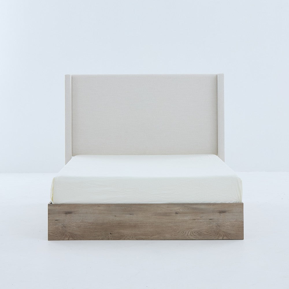Benjara Sely Queen Size Bed with Wingback Headboard, Ivory Chenille Upholstery