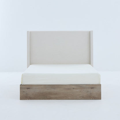Benjara Sely Queen Size Bed with Wingback Headboard, Ivory Chenille Upholstery