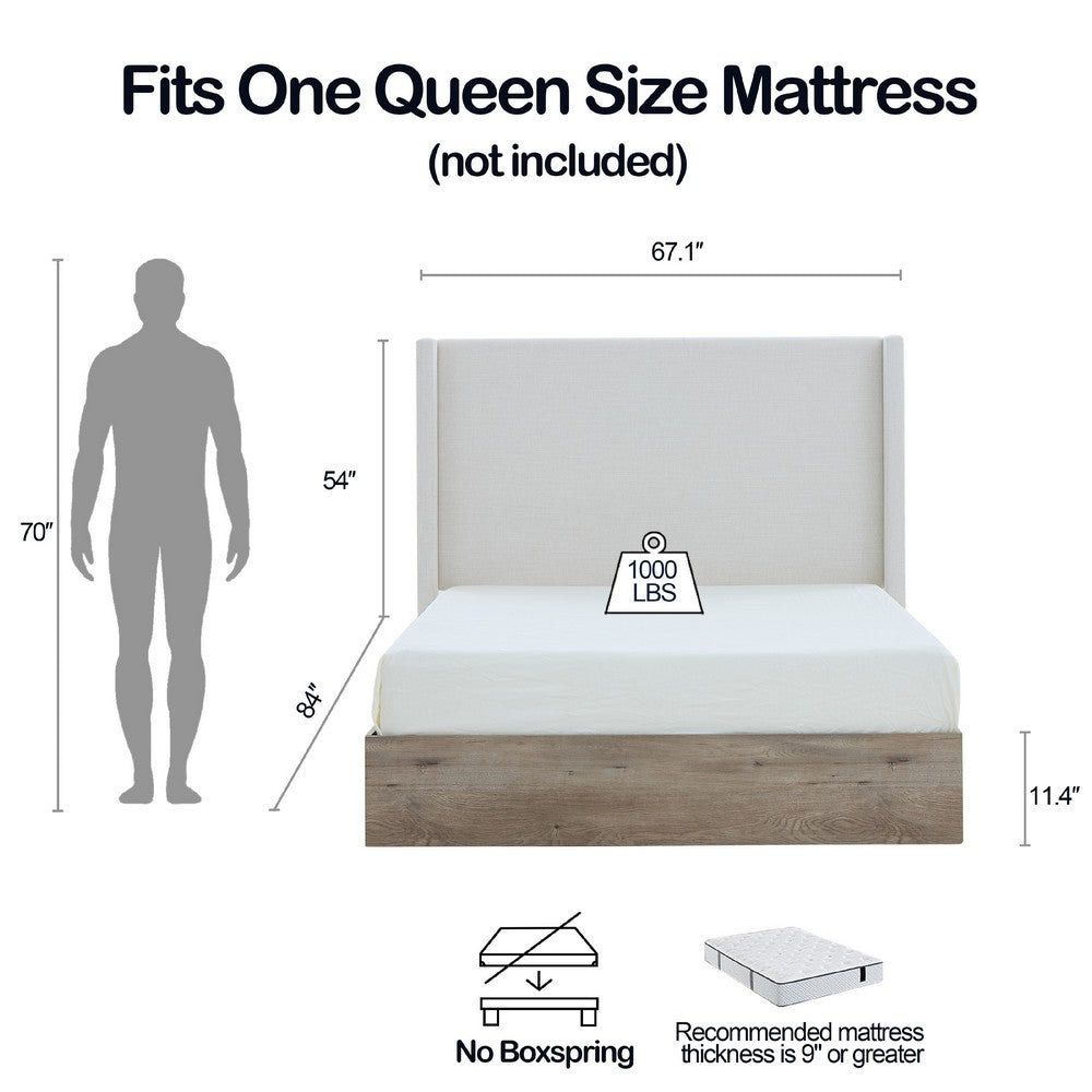 Benjara Sely Queen Size Bed with Wingback Headboard, Ivory Chenille Upholstery