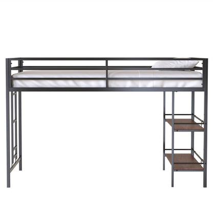 Benjara Ady Twin Size Loft Bed with Ladder And 2 Wood Shelves, Black Metal Frame